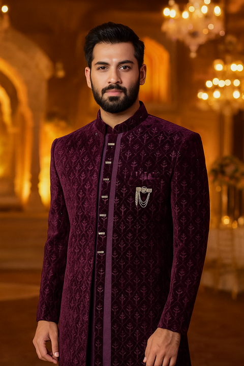 Wine Embroidered Indo Western Sherwani (D224)