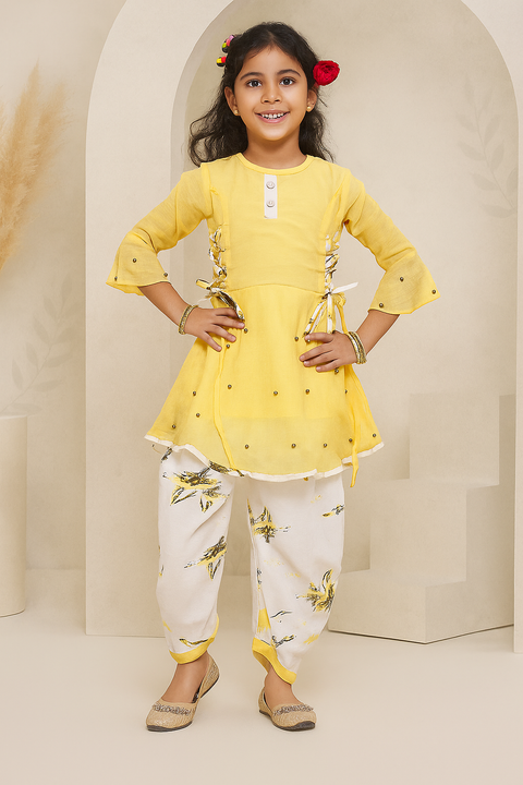 Girls Yellow & White Beads and Stones Embroidered A-Line Kurti with Salwar Pant (D88)