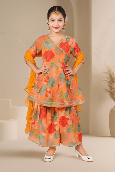 Girls Floral Printed Angrakha Style Gotta Patti Cotton Kurta with Sharara & With Dupatta (D87)