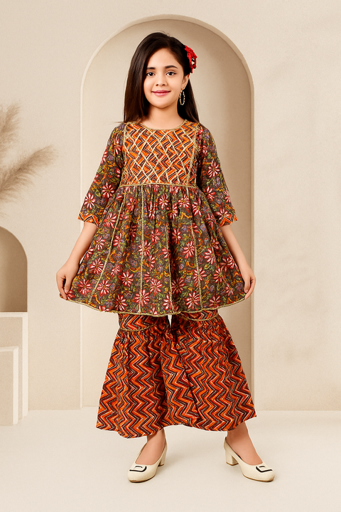 Pretty girls Cotton Floral Printed Gotta Work 3/4 Sleeves Flared Design Kurti & Sharara Set For Girls (D85)