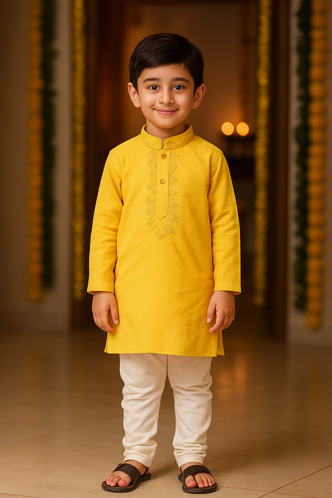 Stylish Boys' Cotton Kurta Pyjama in Yellow Color (B32)