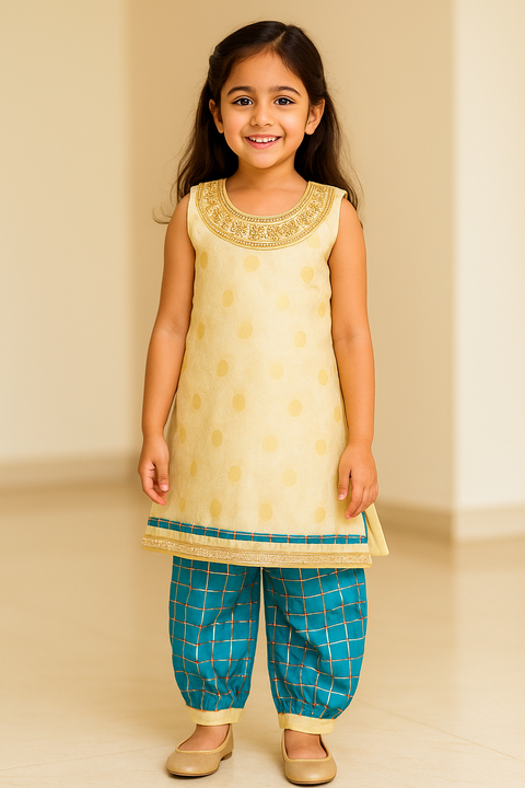 Girls' Cream Blue Kurti and Sharara with Embroidery Work