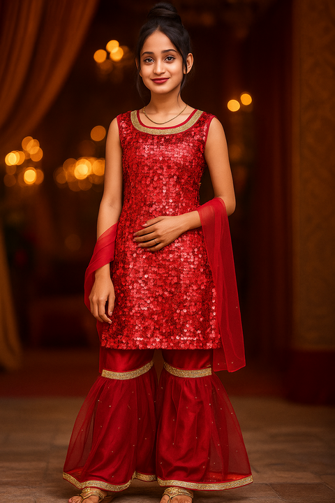 Girls' Red Sequins and Thread work Kurti and Sharara With Dupatta