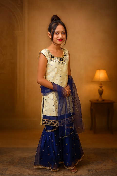 Girls' White Blue Embroidery and Thread work Kurti and Sharara With Dupatta