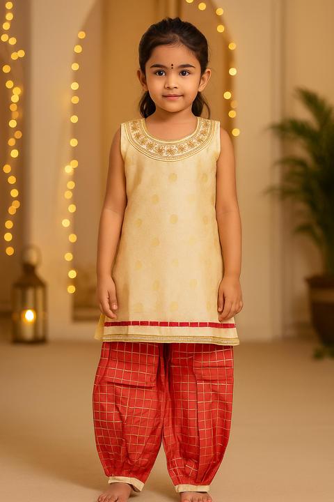 Girls' Cream Red Kurti and Sharara with Embroidery Work