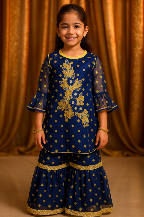 Girls' Navy Blue Kurti and Sharara with Embroidery Work