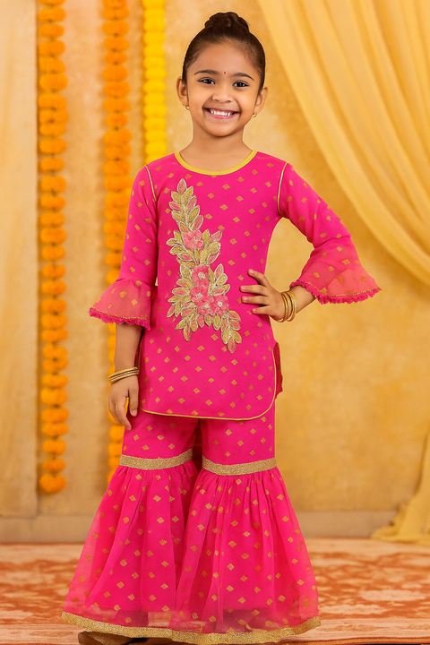 Girls' Dark Pink Kurti and Sharara with Embroidery Work