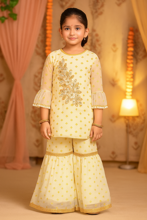 Girls' White Kurti and Sharara with Embroidery Work