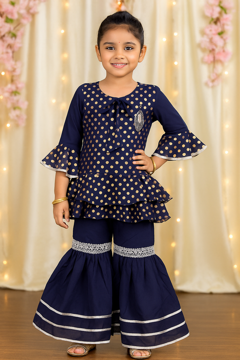 Girls' Navy Blue Georgette Printed Designer Kurti and Sharara