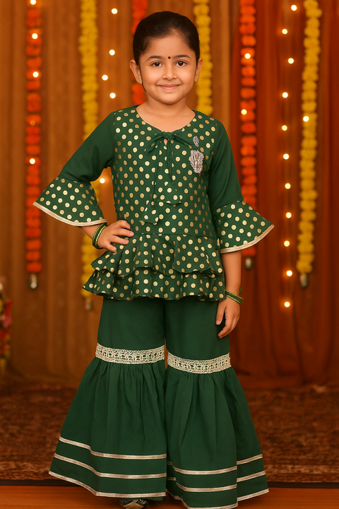 Girls' Green Georgette Printed Designer Kurti and Sharara