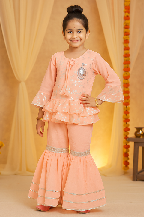 Girls' Peach Georgette Printed Designer Kurti and Sharara