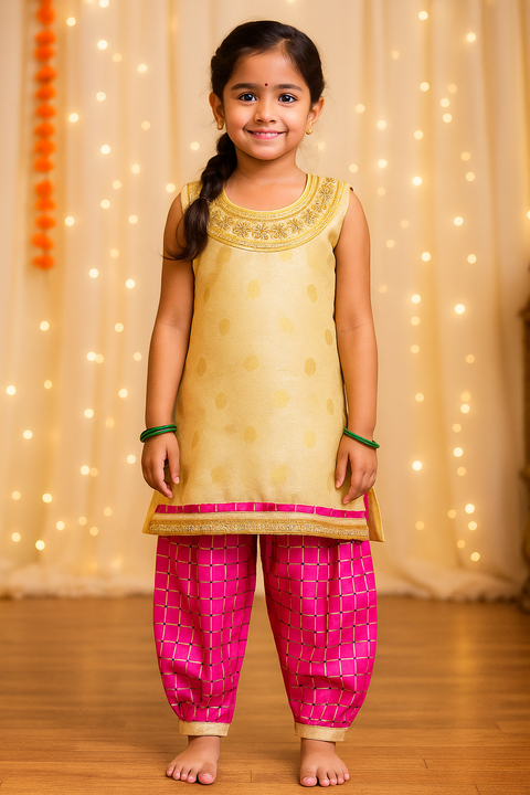 Girls' Cream Pink Kurti and Sharara with Embroidery Work
