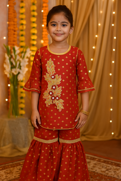 Girls' Mahroon Kurti and Sharara with Embroidery Work