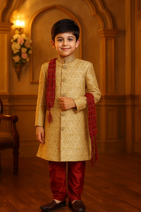 Boys' Sherwani & Pajama in Golden/Mahroon Color