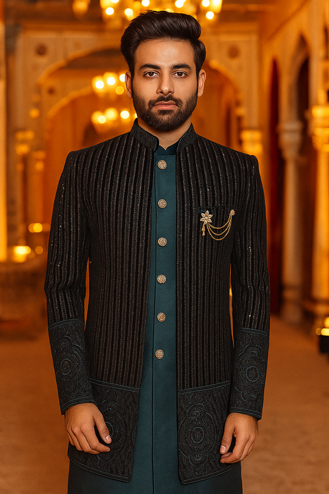 Blue Velvet Art Silk Indo Western for Men (D220)