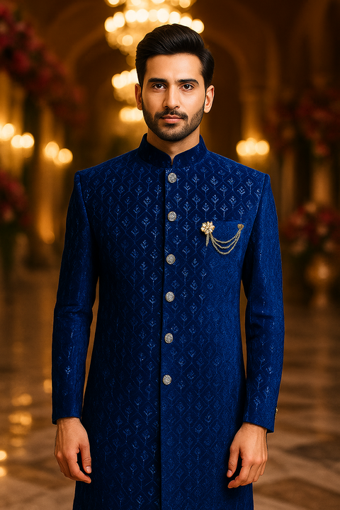 Royal Blue Embroidered Jodhpuri Style Men's Sherwani (D217)