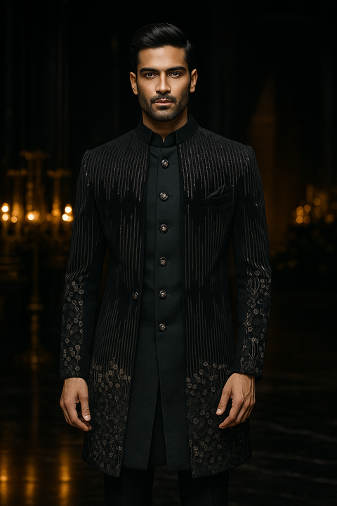 Velvet Fabric Designer Black Indo-Western Sherwani (D215)