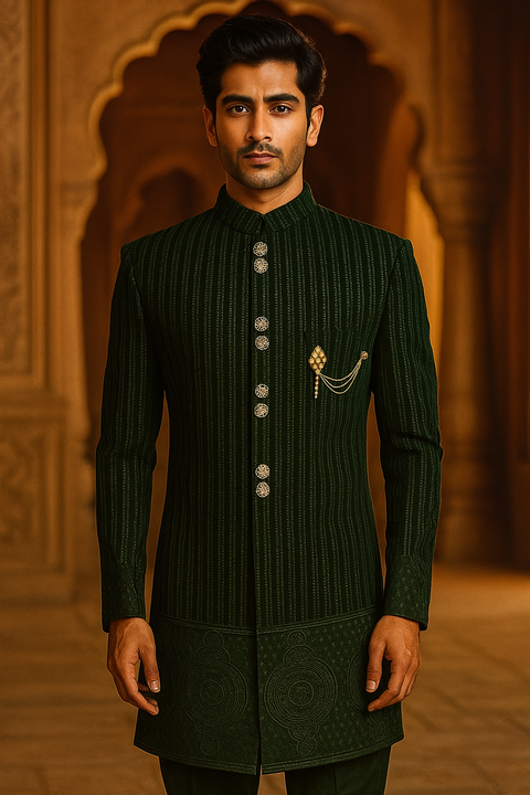Velvet Fabric Designer Green Indo-Western Sherwani (D214)