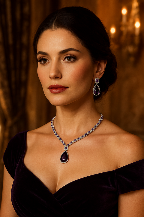 Silver & Blue Color American Diamond and Semi-Precious Designer Necklace Set (D1215)