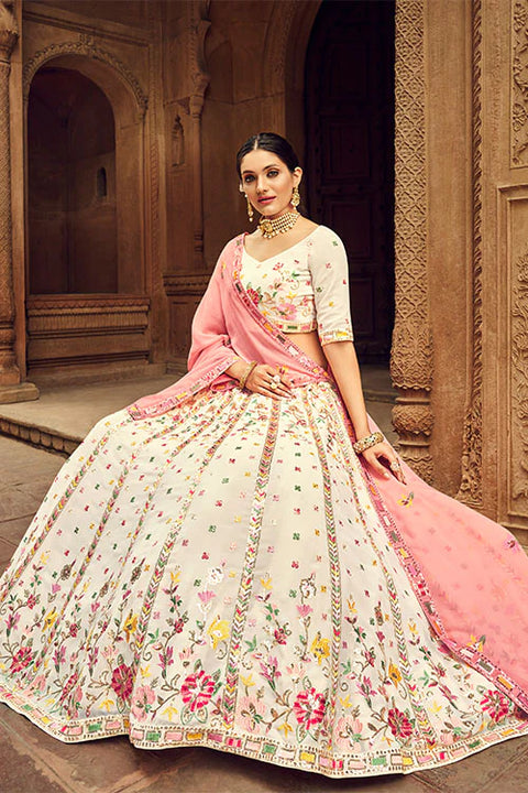 Designer Beige Color Georgette Thread With Sequence Embroidered Lehenga Choli (D202)