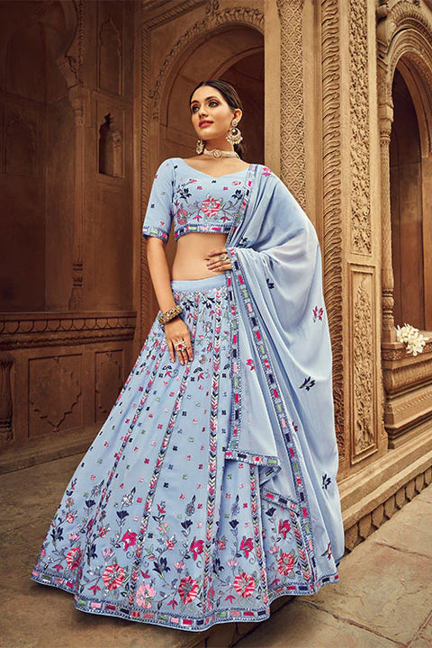Designer Sky Blue Color Georgette Thread With Sequence Embroidered Lehenga Choli (D205)