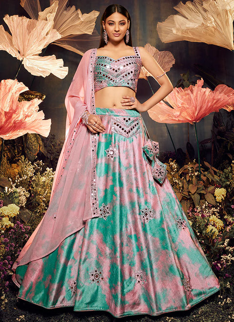 Blush Pink Mirror Work Embroidery Lehenga Choli (D232)