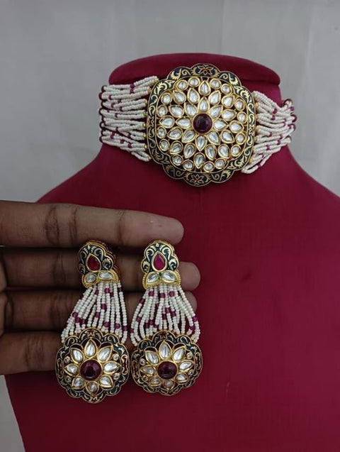 Designer Gold Plated Royal Kundan & Ruby Choker Style Necklace With Earrings (D396)