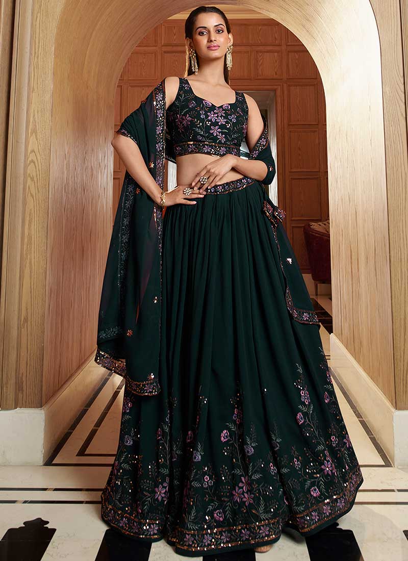 Bottle Green Embroidery Pom Pom Work Cotton Lehenga Choli – TAPEE
