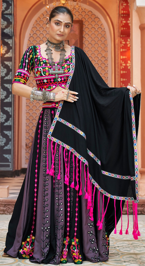 Grey & Black Embroidery Mirror work Viscose Rayon Navratri Lehenga Choli with Dupatta (D540)
