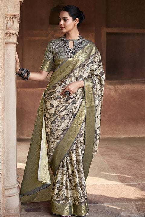 Cream & Grey Color Handloom Silk Weaving Work Trendy Saree For Casual or Party Wear(D701)