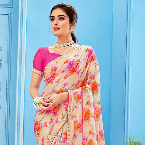 Designer Cream/Pink Georgette Printed Saree for Casual Wear (D493)