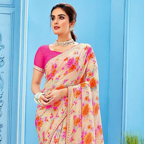 Designer Cream/Pink Georgette Printed Saree for Casual Wear (D493)