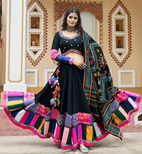 Beautiful Black Printed Viscose Rayon Navratri Wear Lehenga Choli With Dupatta (D533)