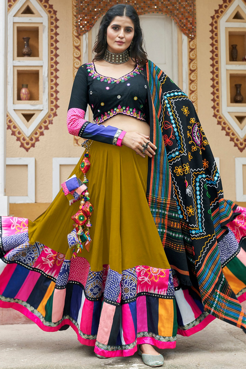 Astonishing Fluorescent Green Printed Viscose Rayon Navratri Lehenga Choli With Dupatta (D537)
