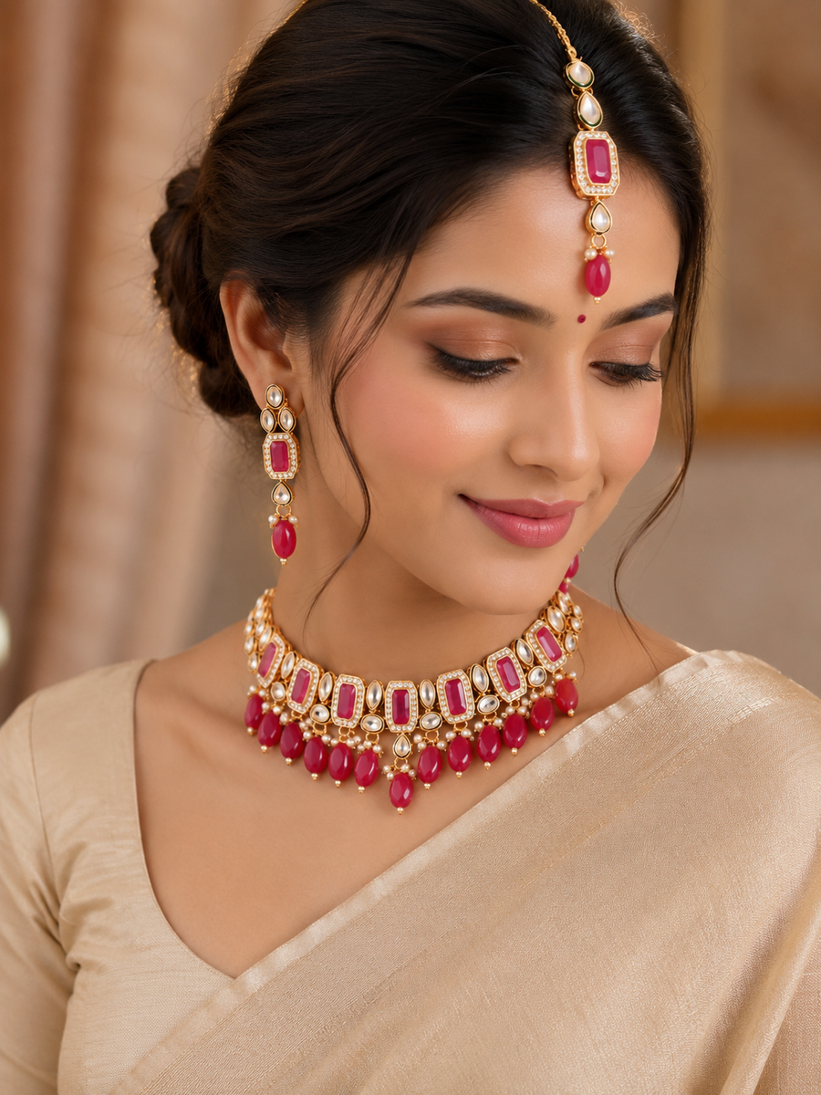 Designer Gold Plated Dark Pink Kundan Choker Necklace & Earrings (D1443)