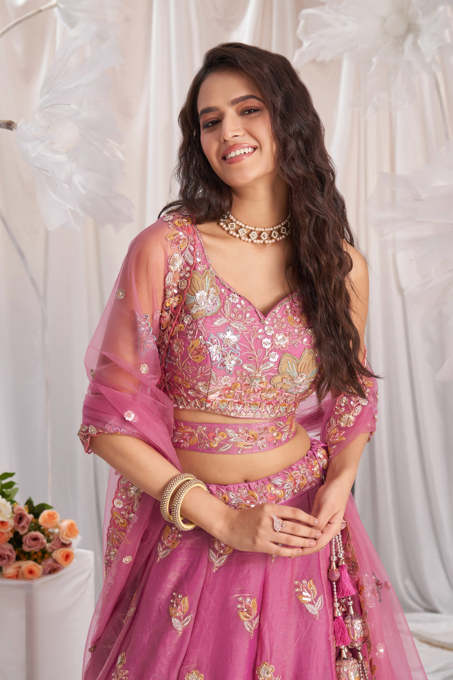Pink Organza Patch type work Embroidered Using Golden Color Sequin,Multi-Thread  Lehenga Choli (D806)