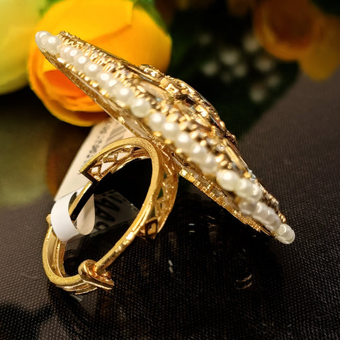Designer Gold Plated Royal Kundan Beaded Ring (Design 193)