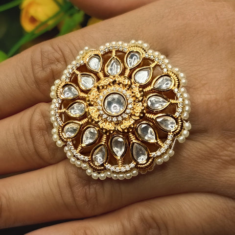 Designer Gold Plated Royal Kundan Beaded Ring (Design 193)