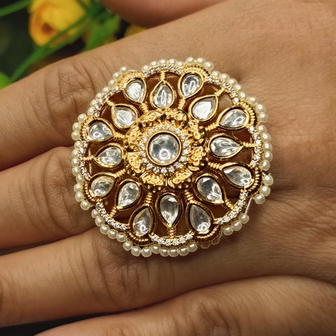 Designer Gold Plated Royal Kundan Beaded Ring (Design 194)