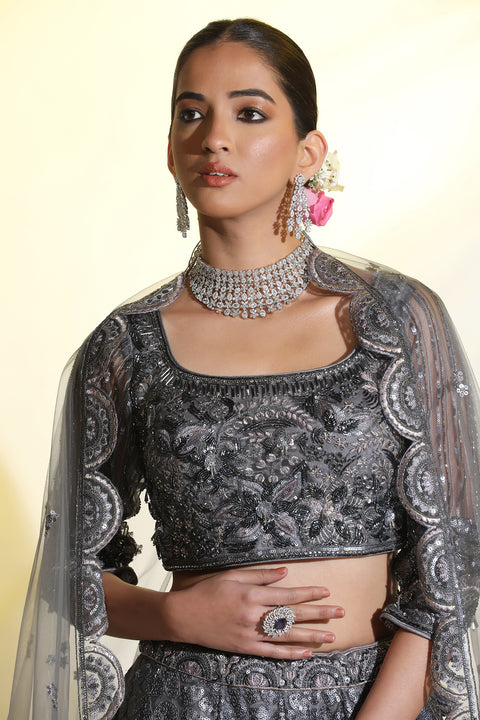 Grey Net Embroidered Lehenga For Party Wear (D381)