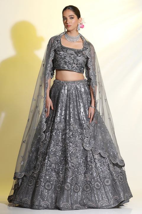 Grey Net Embroidered Lehenga For Party Wear (D381)