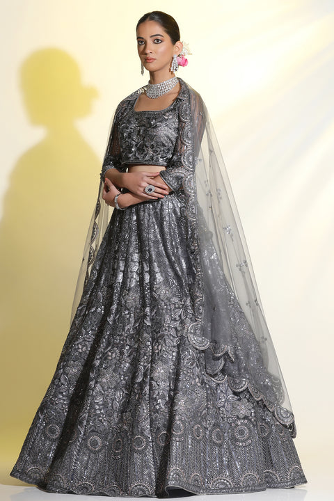 Grey Net Embroidered Lehenga For Party Wear (D381)