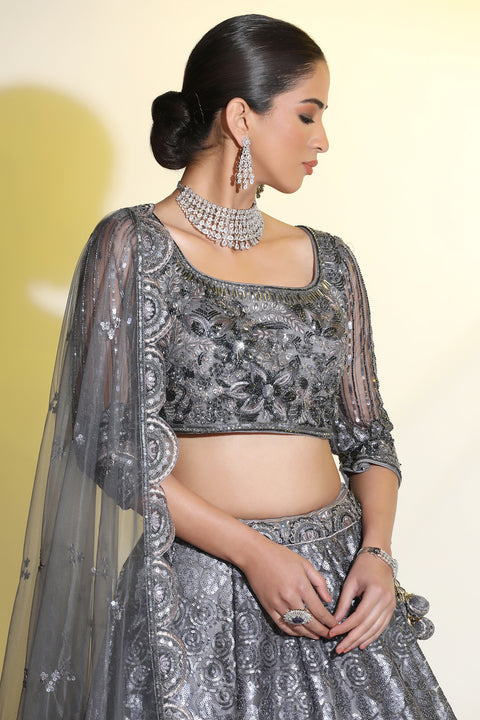 Grey Net Embroidered Lehenga For Party Wear (D381)