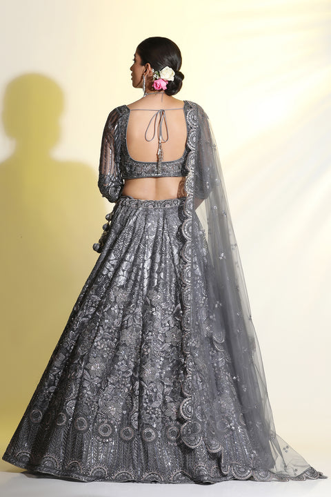 Grey Net Embroidered Lehenga For Party Wear (D381)