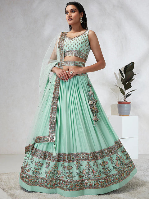 Seagreen Georgette Sequins Thread embroidery Lehenga choli For Party Wear (D391)