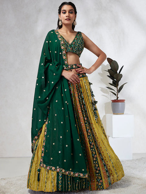 Green & Mustard Yellow Print Chiffon with Sequins Embroidery Lehenga choli (D396)