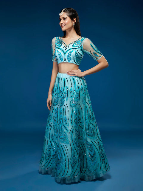 Sea Green Net Embroidered Floral Lehenga For Party Wear (D338)