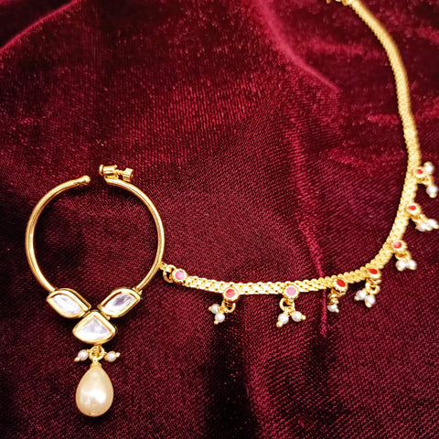 Gold Plated Royal Kundan & Studded Nose Ring with Chain - NATH (Design 5)