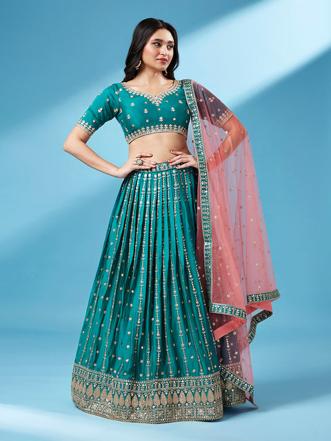 Green Color Pure Georgette Sequins Embroidered Lehenga Choli (D272)