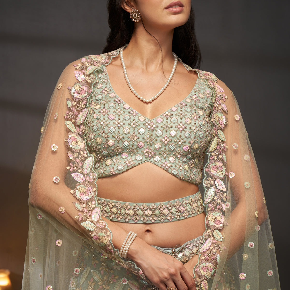 Sea Green Net Cutdana Sequins and Zarkan Lehenga Choli & Dupatta - Rent